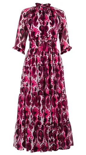 Eden Dress Crew Neck 3/4 Sleeve with Hamilton Belt Maxi Length Silk GGT (Ikat Java)