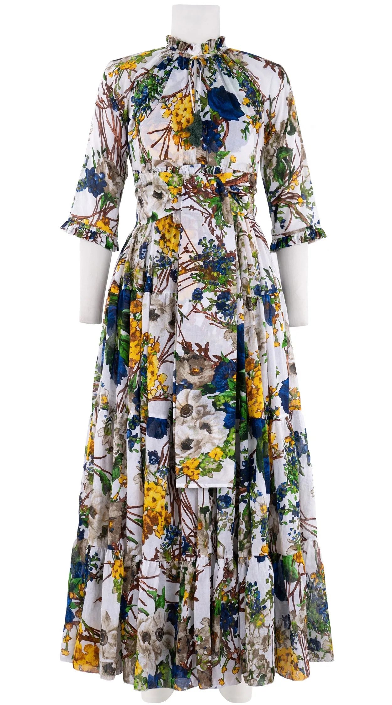 Eden Dress Crew Neck 3/4 Sleeve with Hamilton Belt Maxi Plus Length Cotton Musola (Alpine Flowers)