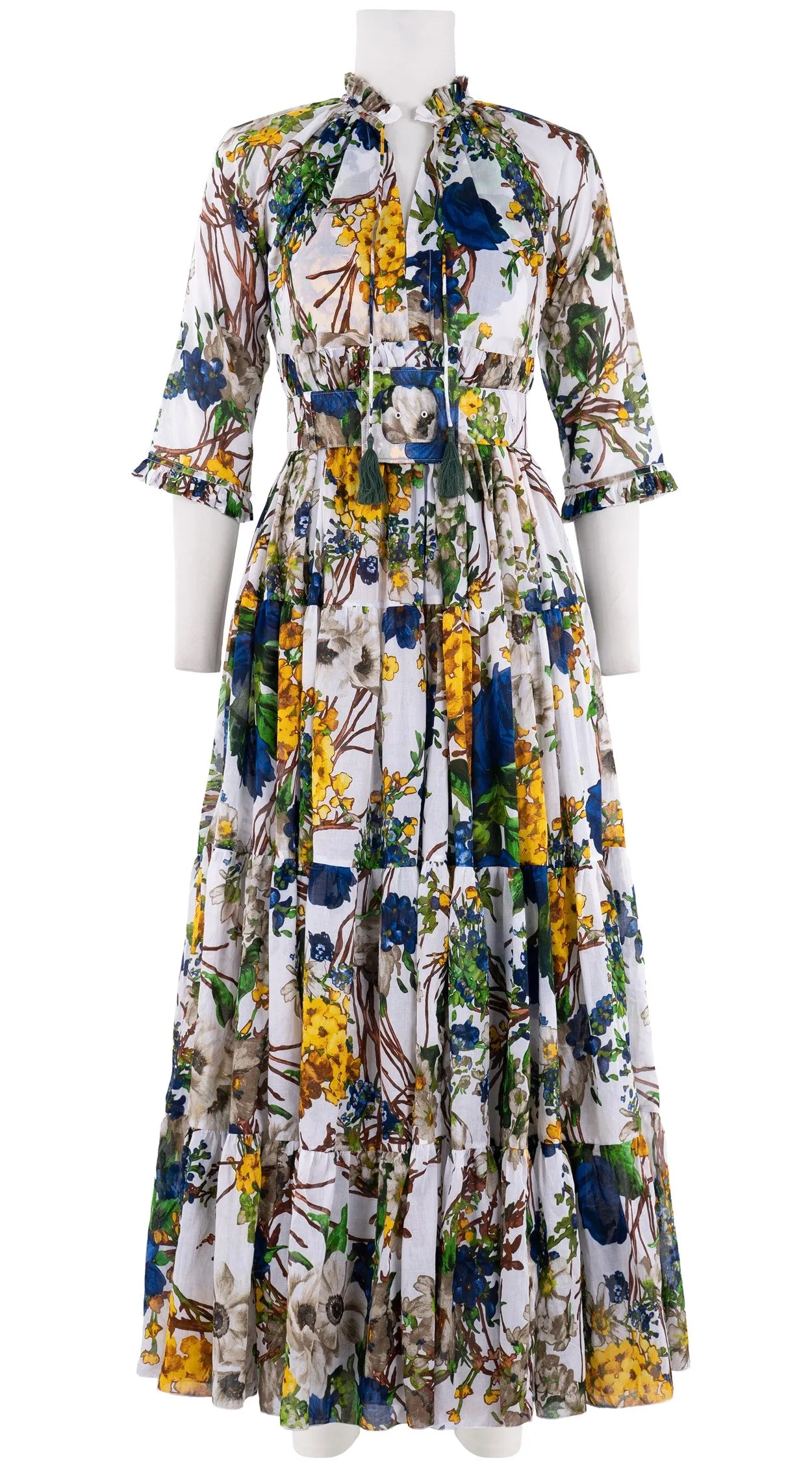 Eden Dress Crew Neck 3/4 Sleeve with Hamilton Belt Maxi Plus Length Cotton Musola (Alpine Flowers)