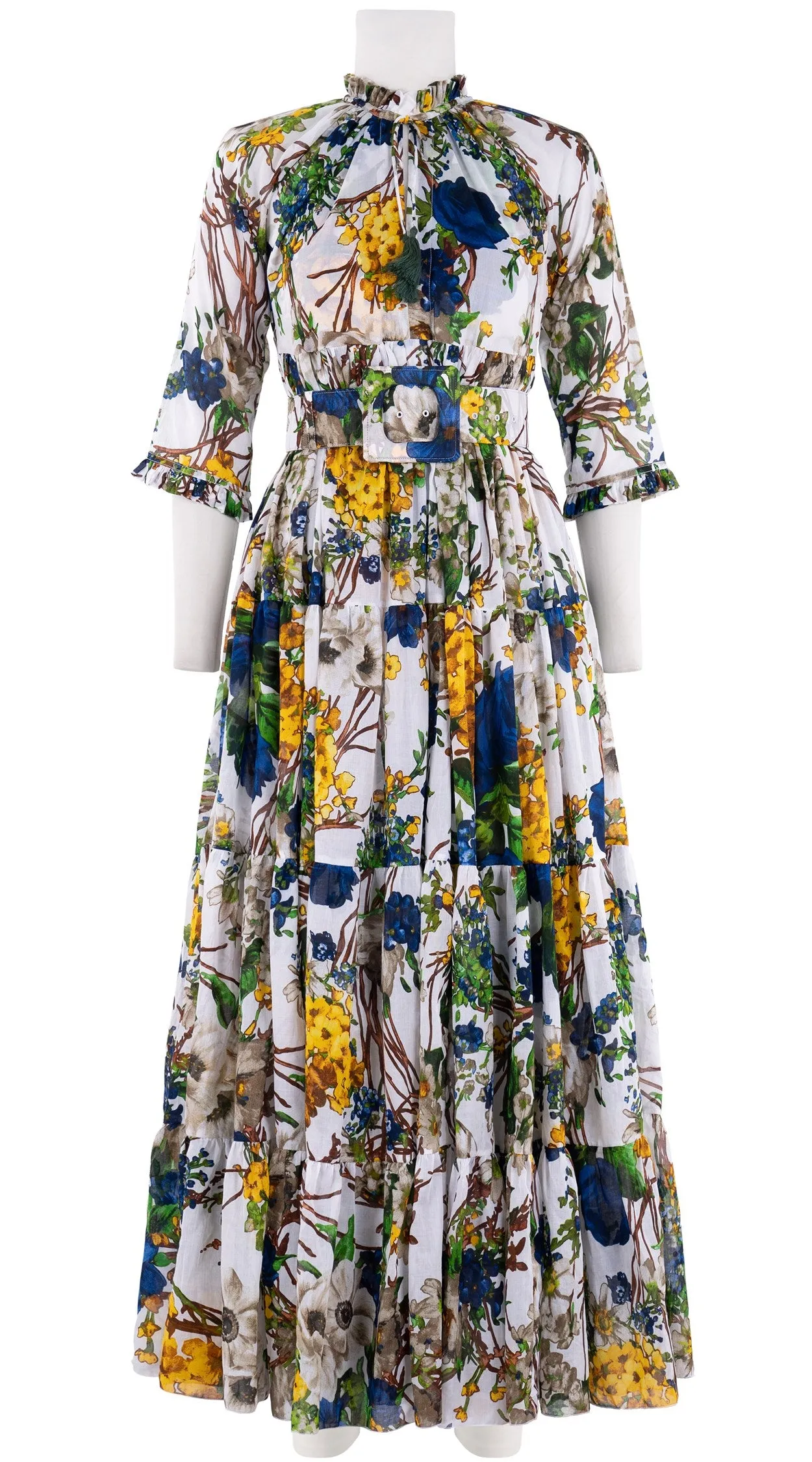 Eden Dress Crew Neck 3/4 Sleeve with Hamilton Belt Maxi Plus Length Cotton Musola (Alpine Flowers)