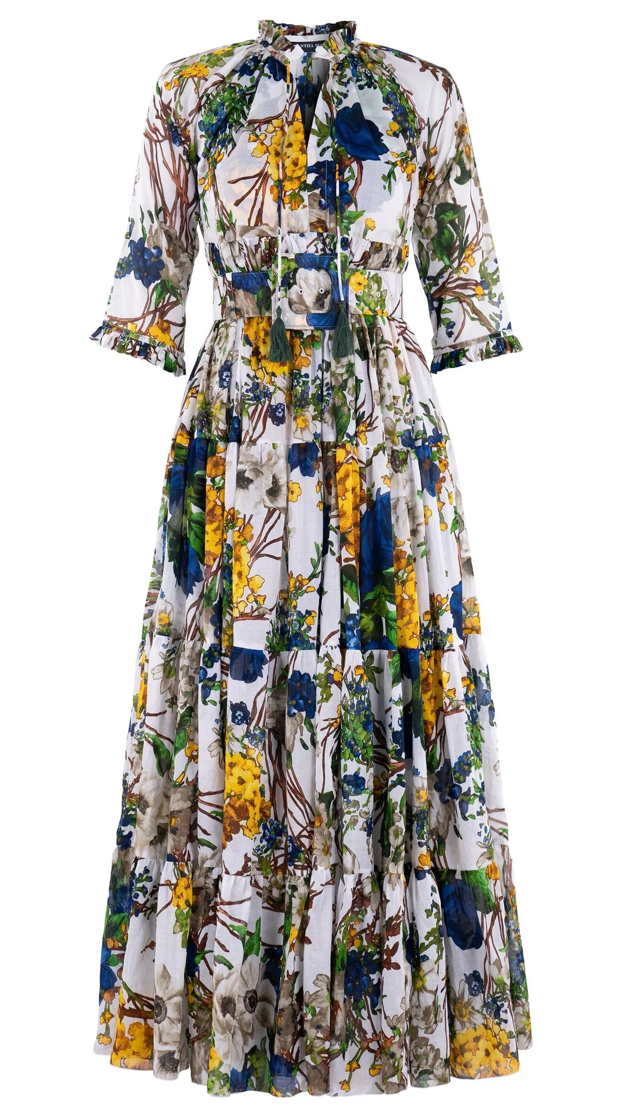 Eden Dress Crew Neck 3/4 Sleeve with Hamilton Belt Maxi Plus Length Cotton Musola (Alpine Flowers)