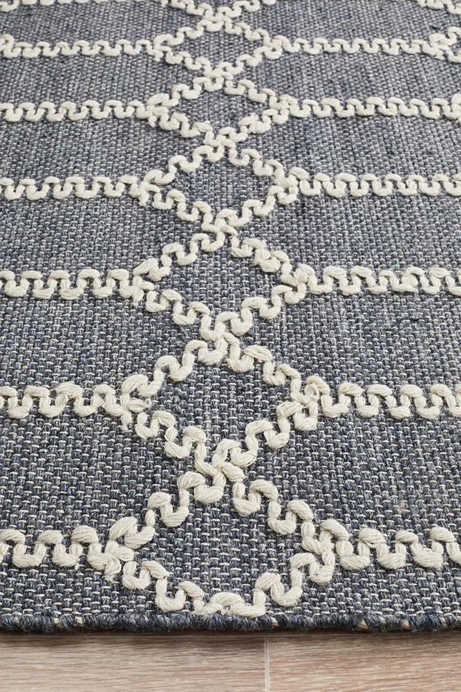 Ella Hand loomed Wool Tribal Trellis Rug Rustic Blue