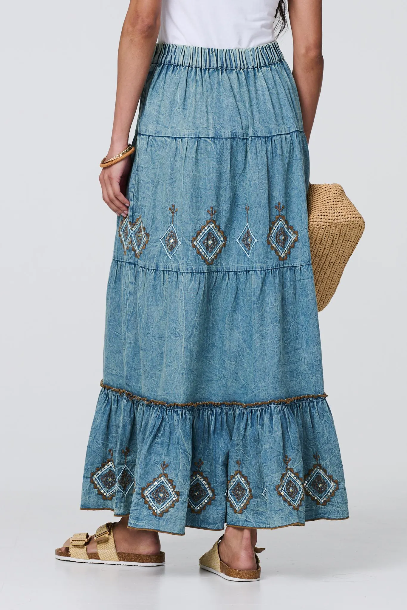 Embroidered Tiered Tassel Waist Maxi Skirt