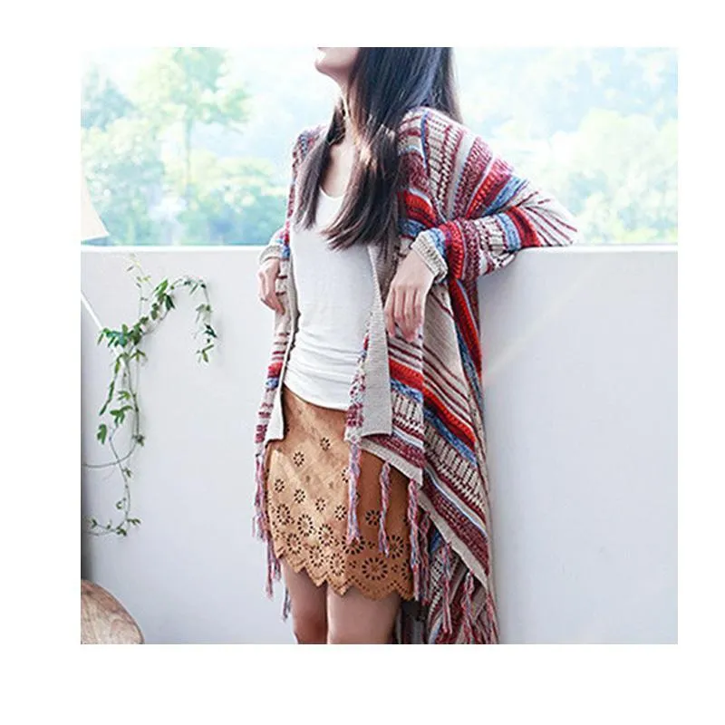 Ethnic Bohemian Striped Long Sleeve Tassel Knitted Cardigan Sweater