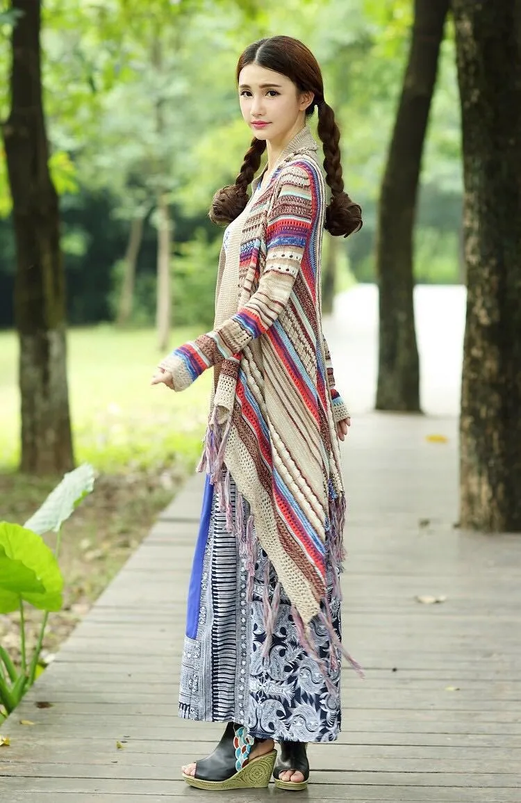 Ethnic Bohemian Striped Long Sleeve Tassel Knitted Cardigan Sweater