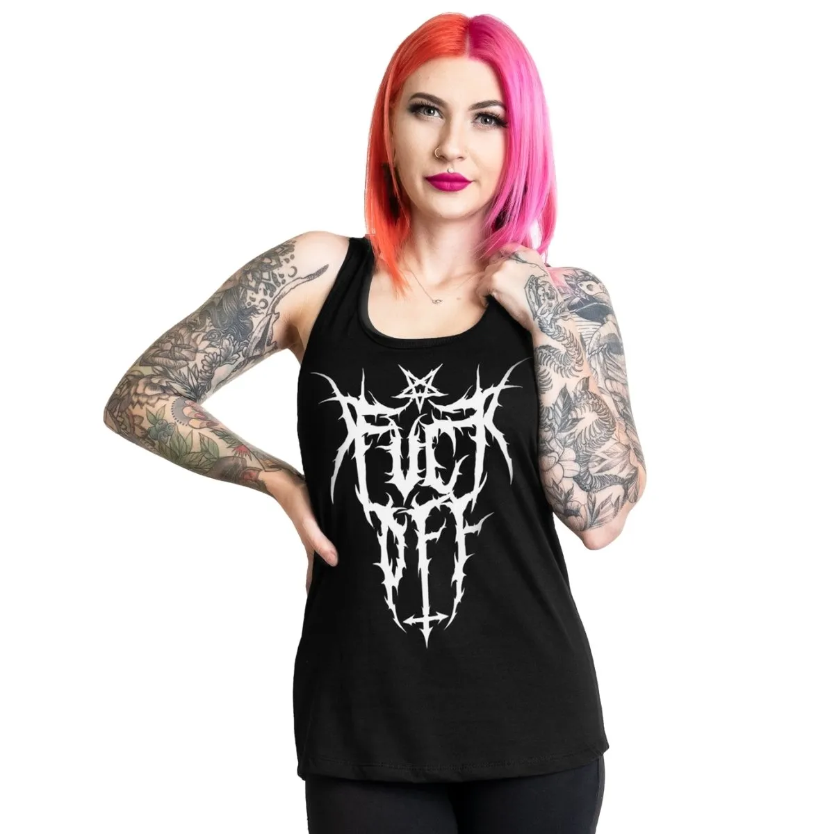 F Off Black Metal Logo Racerback Tank