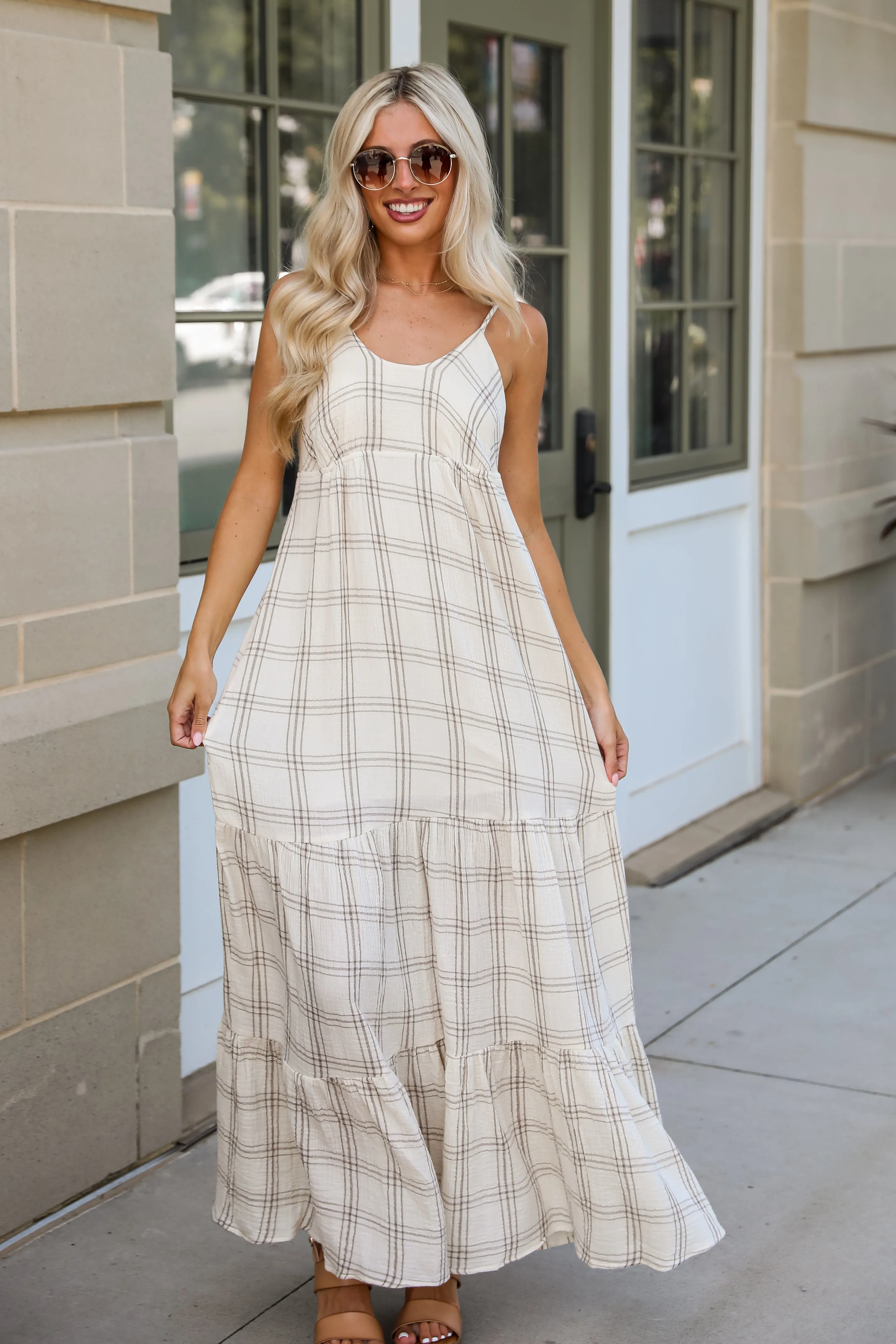 FINAL SALE - Playful Vibes Grey Plaid Linen Maxi Dress