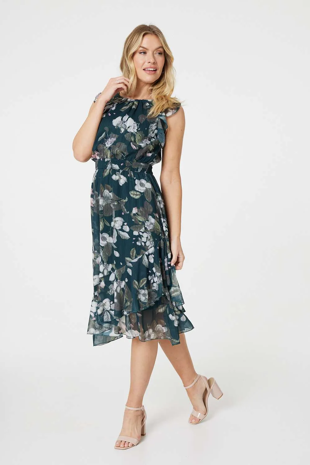 Floral Frill Shirred Midi Dress