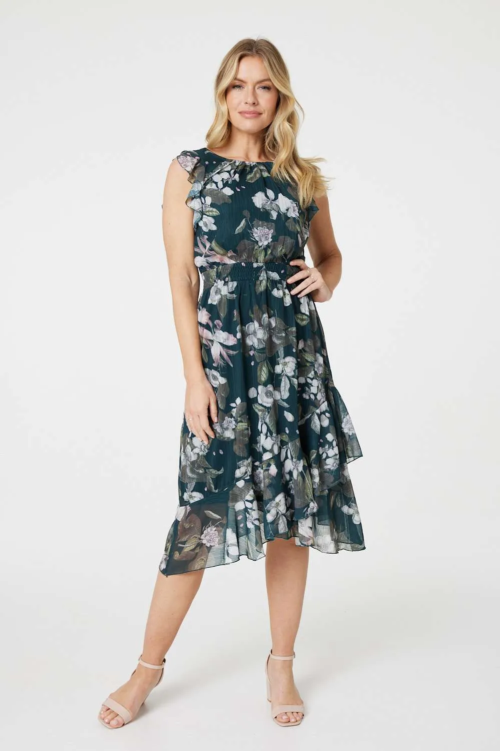 Floral Frill Shirred Midi Dress