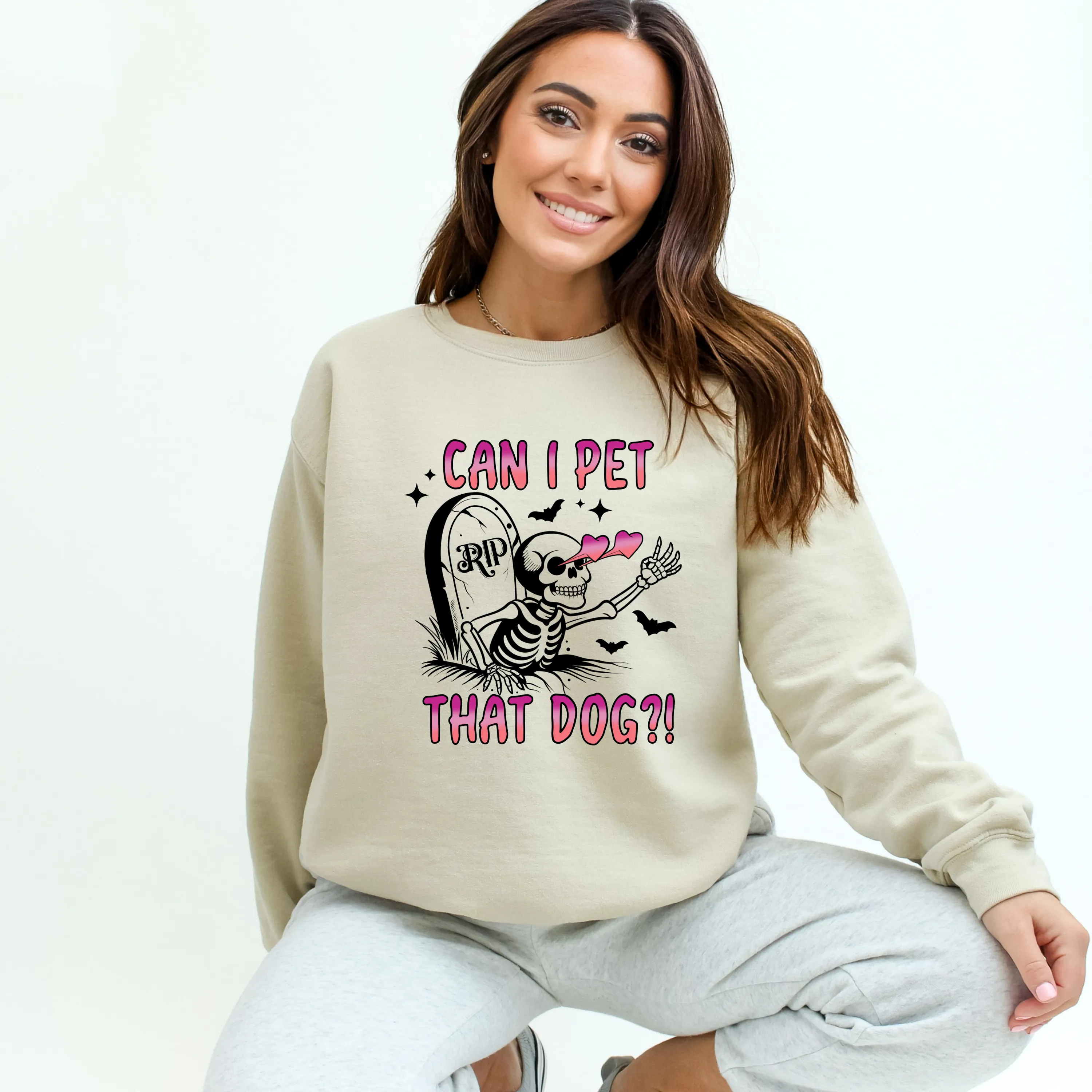 Funny Skeleton Halloween Crewneck Sweatshirt | Can I Pet That Dog?