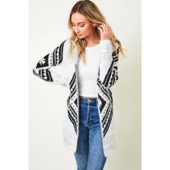 Fuzzy Soft Knit Hooded Long Sleeve Aztec Tribal Native Western Cardigan Sweater