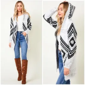 Fuzzy Soft Knit Hooded Long Sleeve Aztec Tribal Native Western Cardigan Sweater