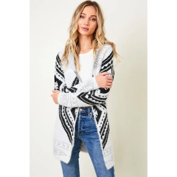 Fuzzy Soft Knit Hooded Long Sleeve Aztec Tribal Native Western Cardigan Sweater