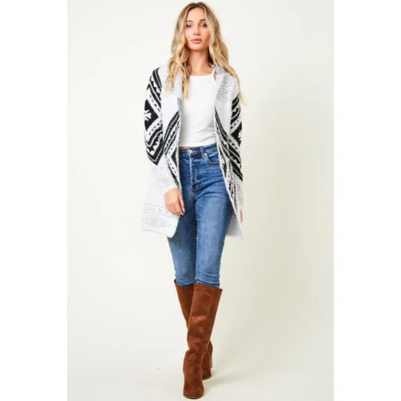 Fuzzy Soft Knit Hooded Long Sleeve Aztec Tribal Native Western Cardigan Sweater