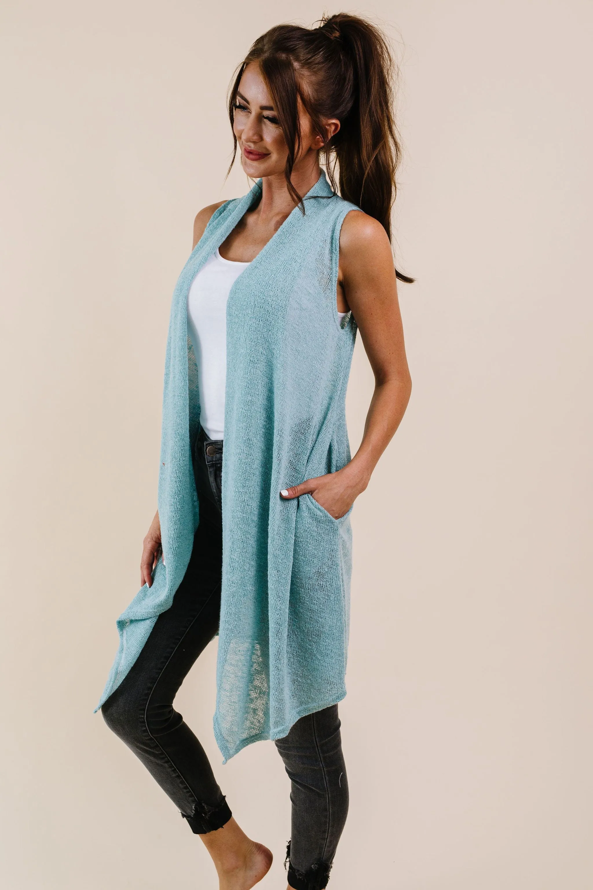 Gauzy Bohemian Cardi Vest In Sage