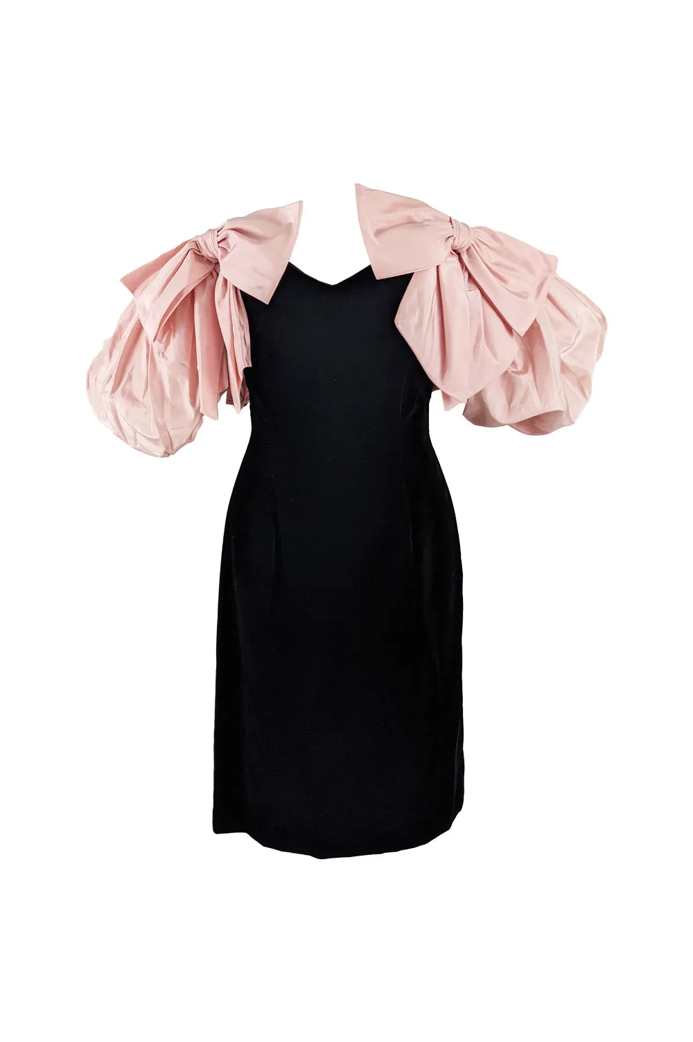 Gina Fratini Vintage Black Velvet Pink Taffeta Puff Sleeve Dress, 1980s