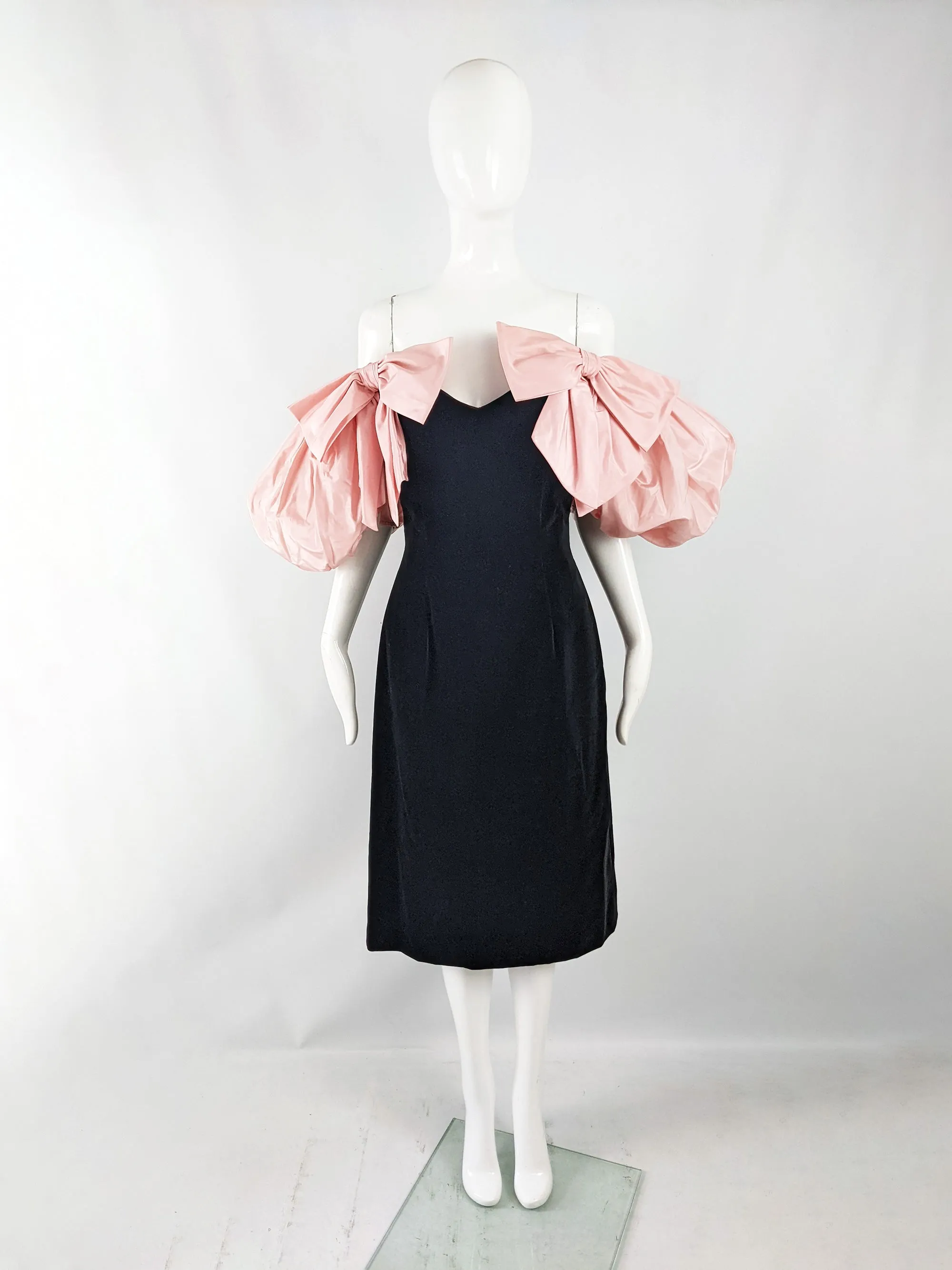 Gina Fratini Vintage Black Velvet Pink Taffeta Puff Sleeve Dress, 1980s