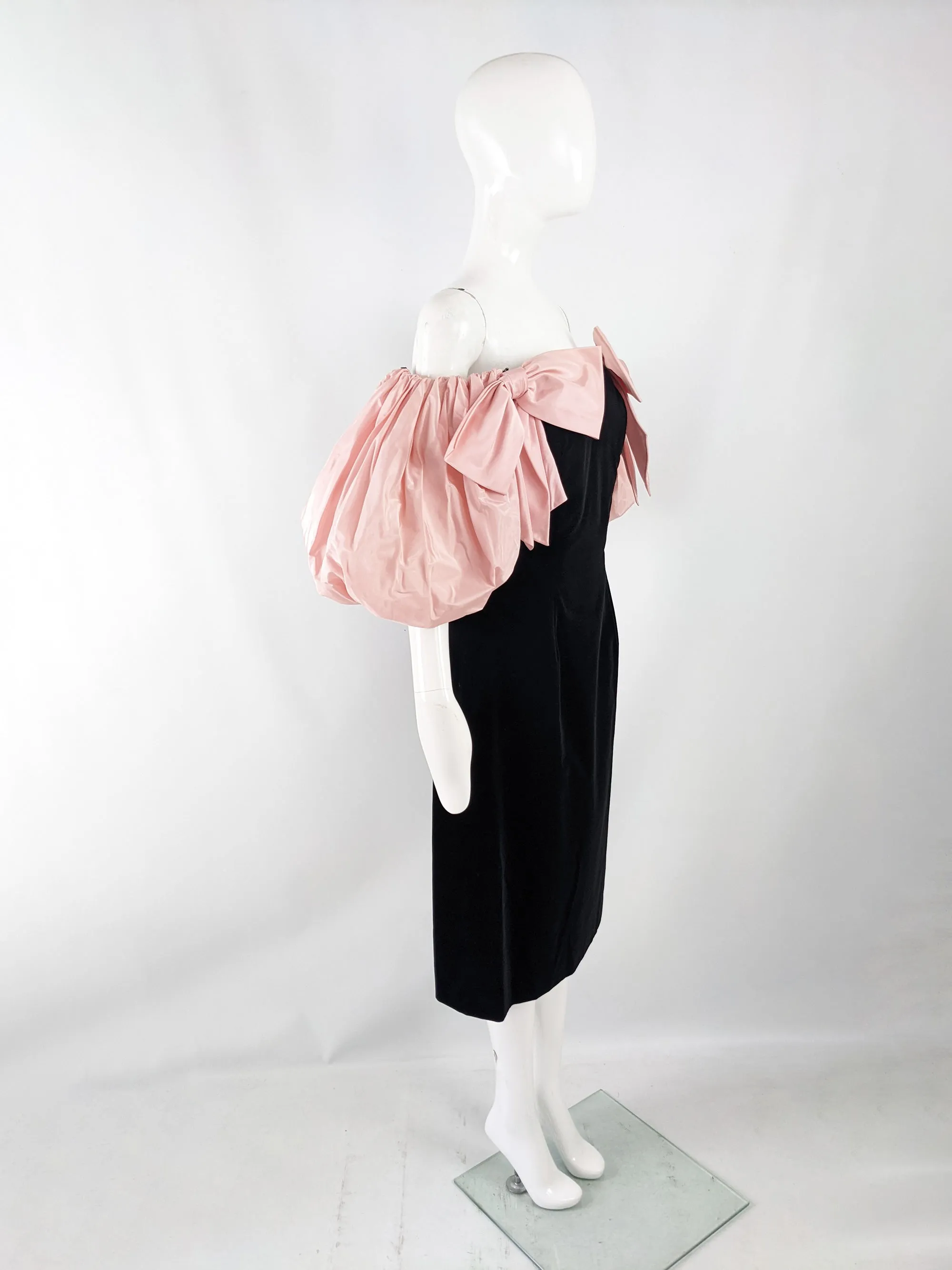 Gina Fratini Vintage Black Velvet Pink Taffeta Puff Sleeve Dress, 1980s