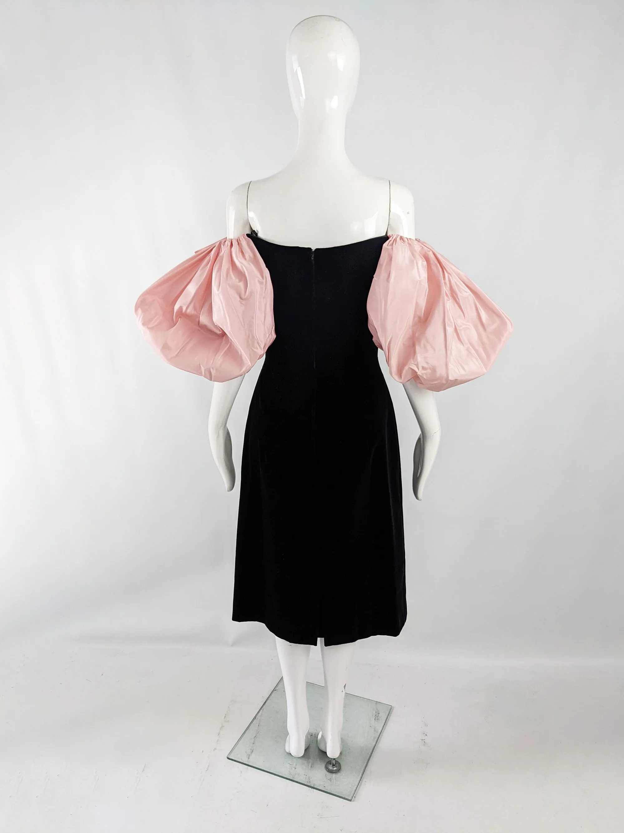 Gina Fratini Vintage Black Velvet Pink Taffeta Puff Sleeve Dress, 1980s