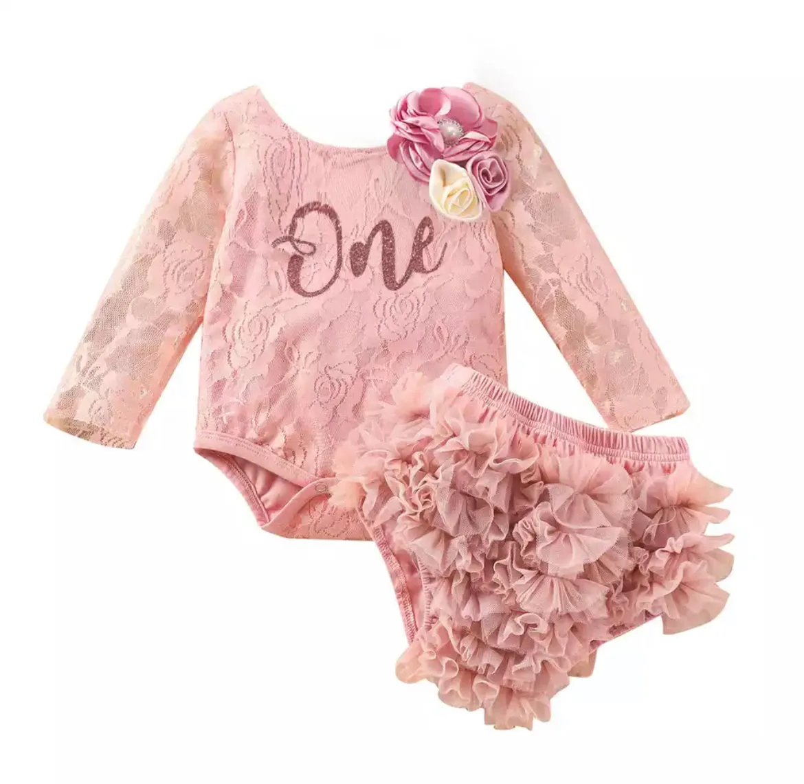 Girls First Birthday Lace “One” Long Sleeve Romper   Bloomers Set  - Dusty Pink