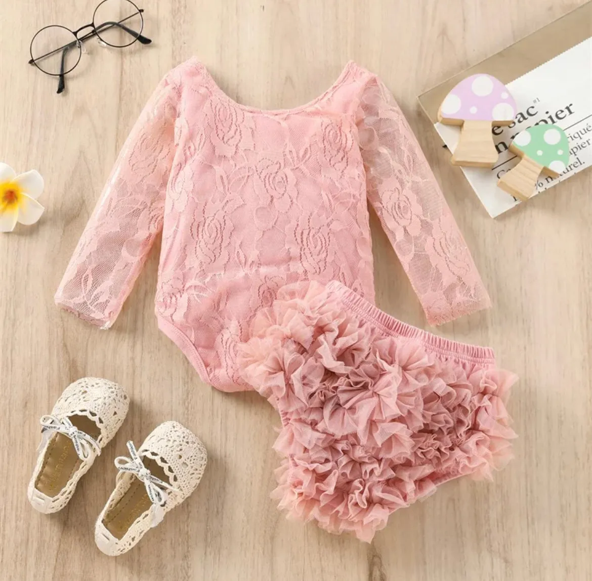 Girls First Birthday Lace “One” Long Sleeve Romper   Bloomers Set  - Dusty Pink