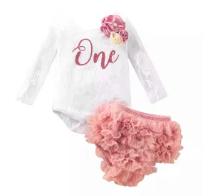 Girls First Birthday Lace “One” Long Sleeve Romper   Bloomers Set  - White