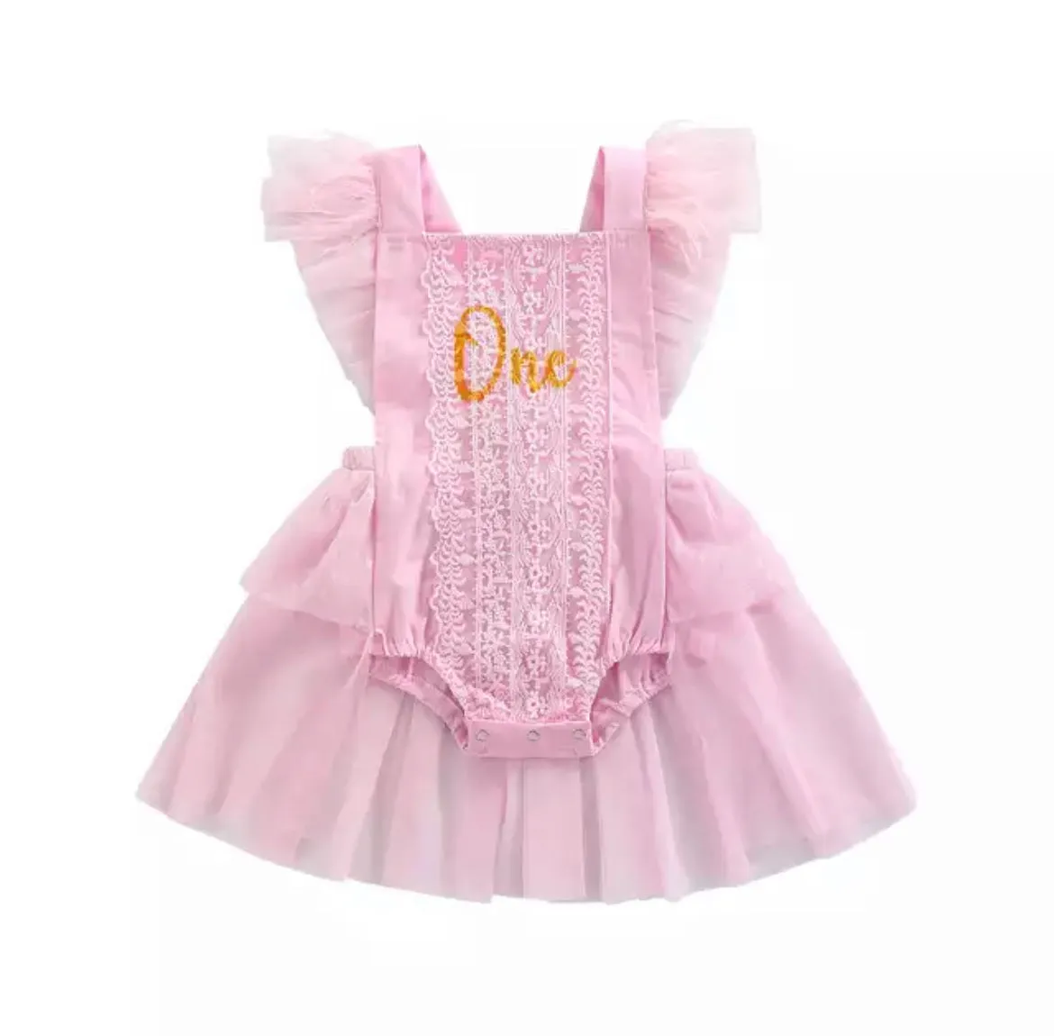 Girls First Birthday Lace “One” Romper - Pink