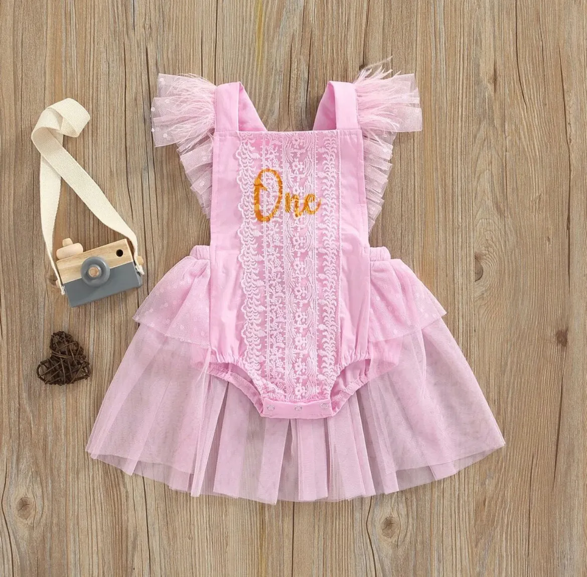 Girls First Birthday Lace “One” Romper - Pink