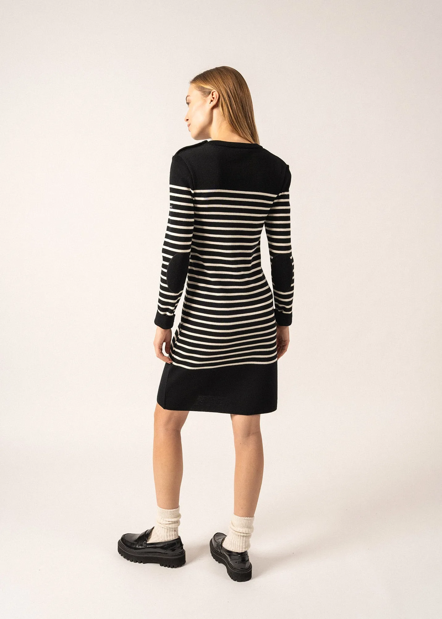 Grande Marée striped jumper dress - in wool, shoulder buttoning (NOIR/ECUME)