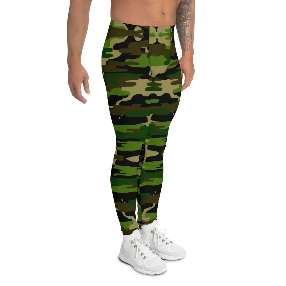 Green Camo Print Men's Leggings, Military Green Camouflage Best Meggings-Made in USA/EU