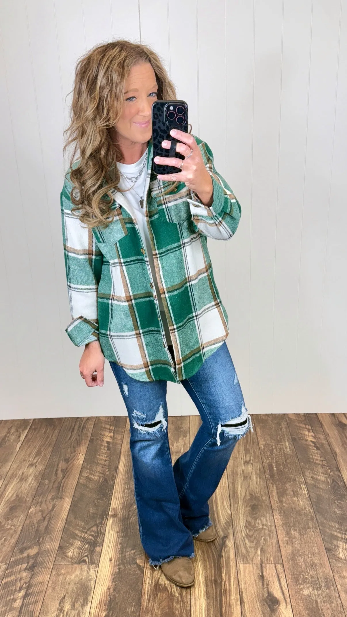 Green Plaid Flannel Shacket (SM-XL)