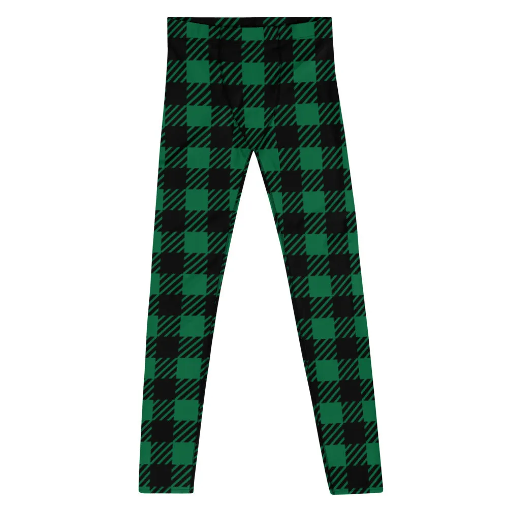 Green Plaid Printed Men's Leggings, Tartan Plaid Print Compression Men's Leggings Tights Pants - Made in USA/MX/EU (US Size: XS-3XL)