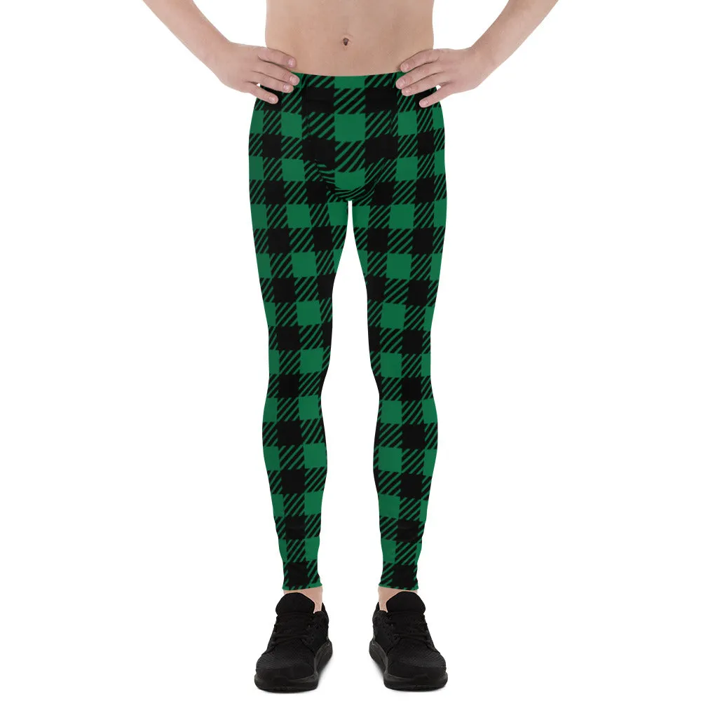 Green Plaid Printed Men's Leggings, Tartan Plaid Print Compression Men's Leggings Tights Pants - Made in USA/MX/EU (US Size: XS-3XL)