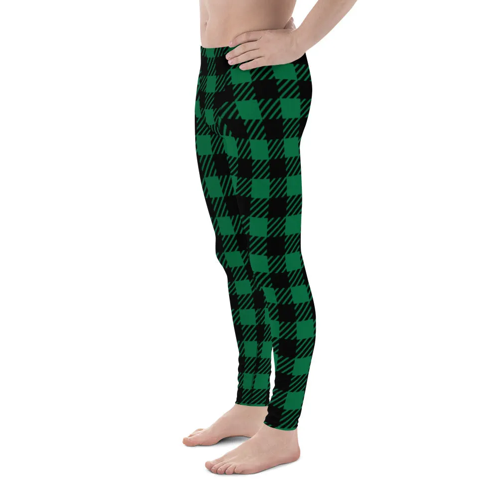 Green Plaid Printed Men's Leggings, Tartan Plaid Print Compression Men's Leggings Tights Pants - Made in USA/MX/EU (US Size: XS-3XL)