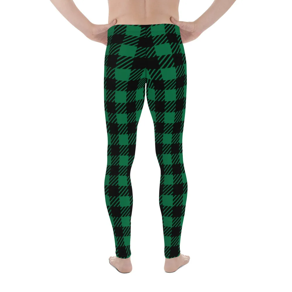 Green Plaid Printed Men's Leggings, Tartan Plaid Print Compression Men's Leggings Tights Pants - Made in USA/MX/EU (US Size: XS-3XL)