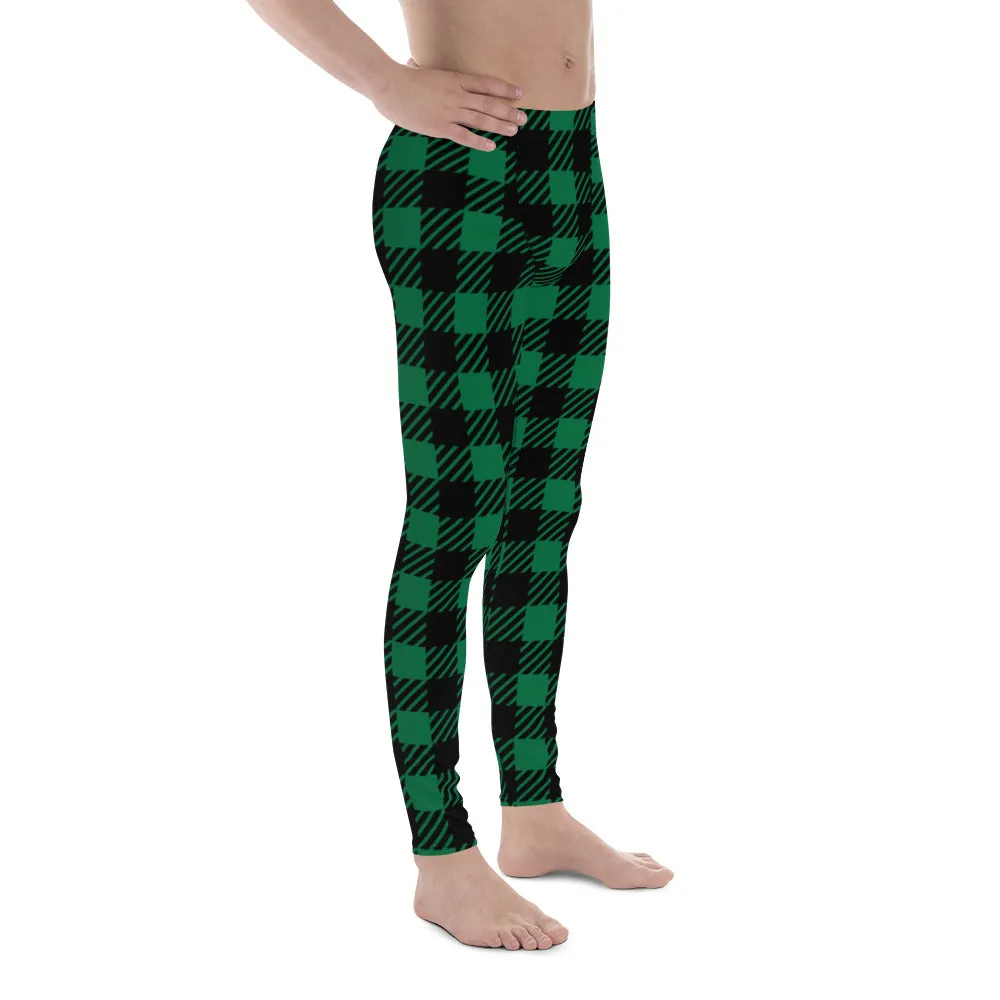 Green Plaid Printed Men's Leggings, Tartan Plaid Print Compression Men's Leggings Tights Pants - Made in USA/MX/EU (US Size: XS-3XL)