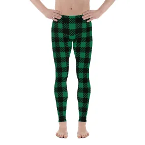 Green Plaid Printed Men's Leggings, Tartan Plaid Print Compression Men's Leggings Tights Pants - Made in USA/MX/EU (US Size: XS-3XL)