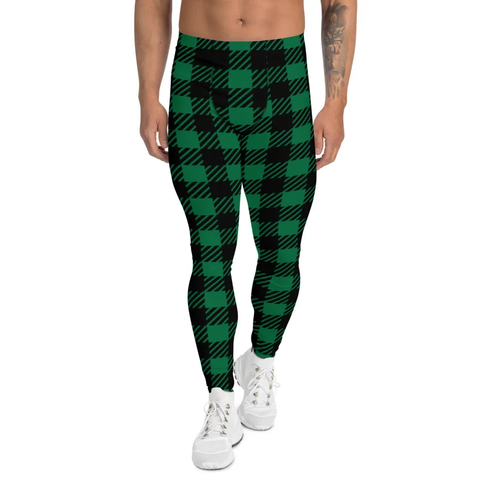 Green Plaid Printed Men's Leggings, Tartan Plaid Print Compression Men's Leggings Tights Pants - Made in USA/MX/EU (US Size: XS-3XL)