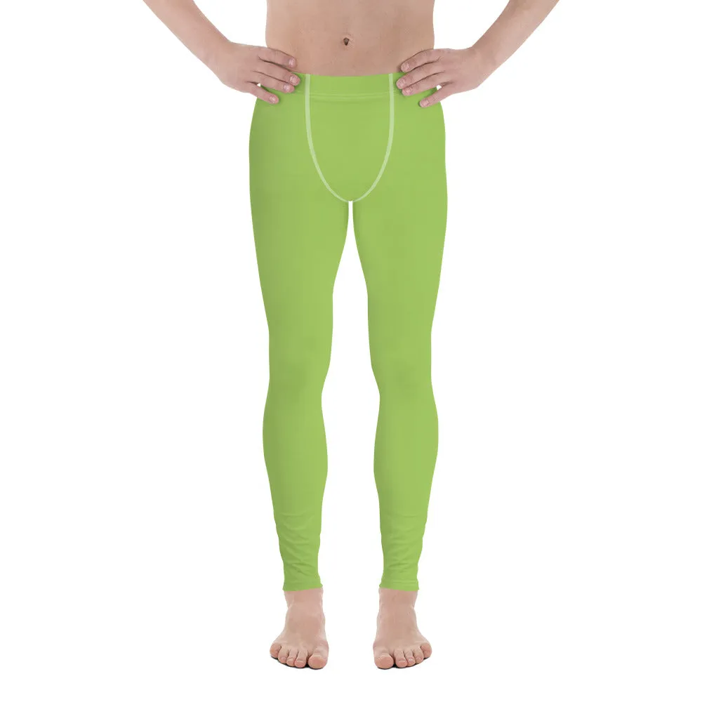 Green Solid Color Men's Leggings, Simplistic Pastel Run Tights Meggings For Men - Made in USA/EU