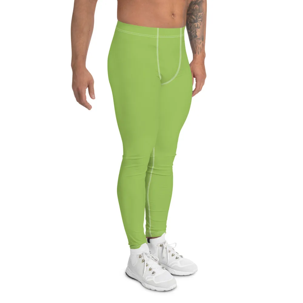 Green Solid Color Men's Leggings, Simplistic Pastel Run Tights Meggings For Men - Made in USA/EU