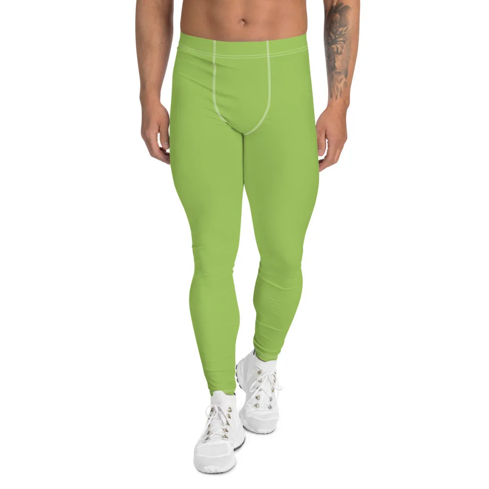 Green Solid Color Men's Leggings, Simplistic Pastel Run Tights Meggings For Men - Made in USA/EU