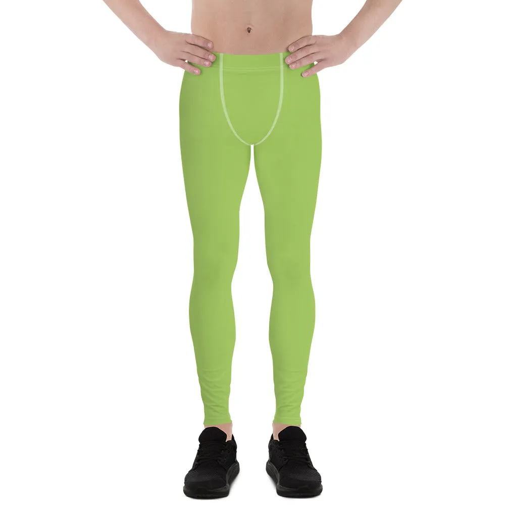 Green Solid Color Men's Leggings, Simplistic Pastel Run Tights Meggings For Men - Made in USA/EU