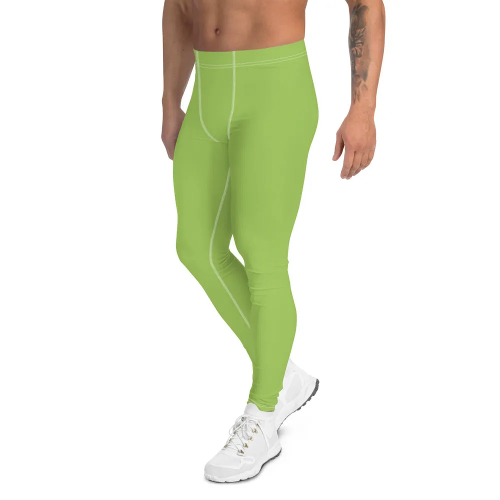 Green Solid Color Men's Leggings, Simplistic Pastel Run Tights Meggings For Men - Made in USA/EU