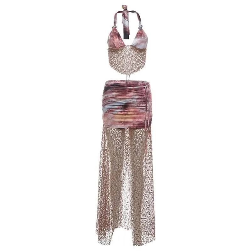 Halter fishnet tie dye hollow out high slit maxi skirt set