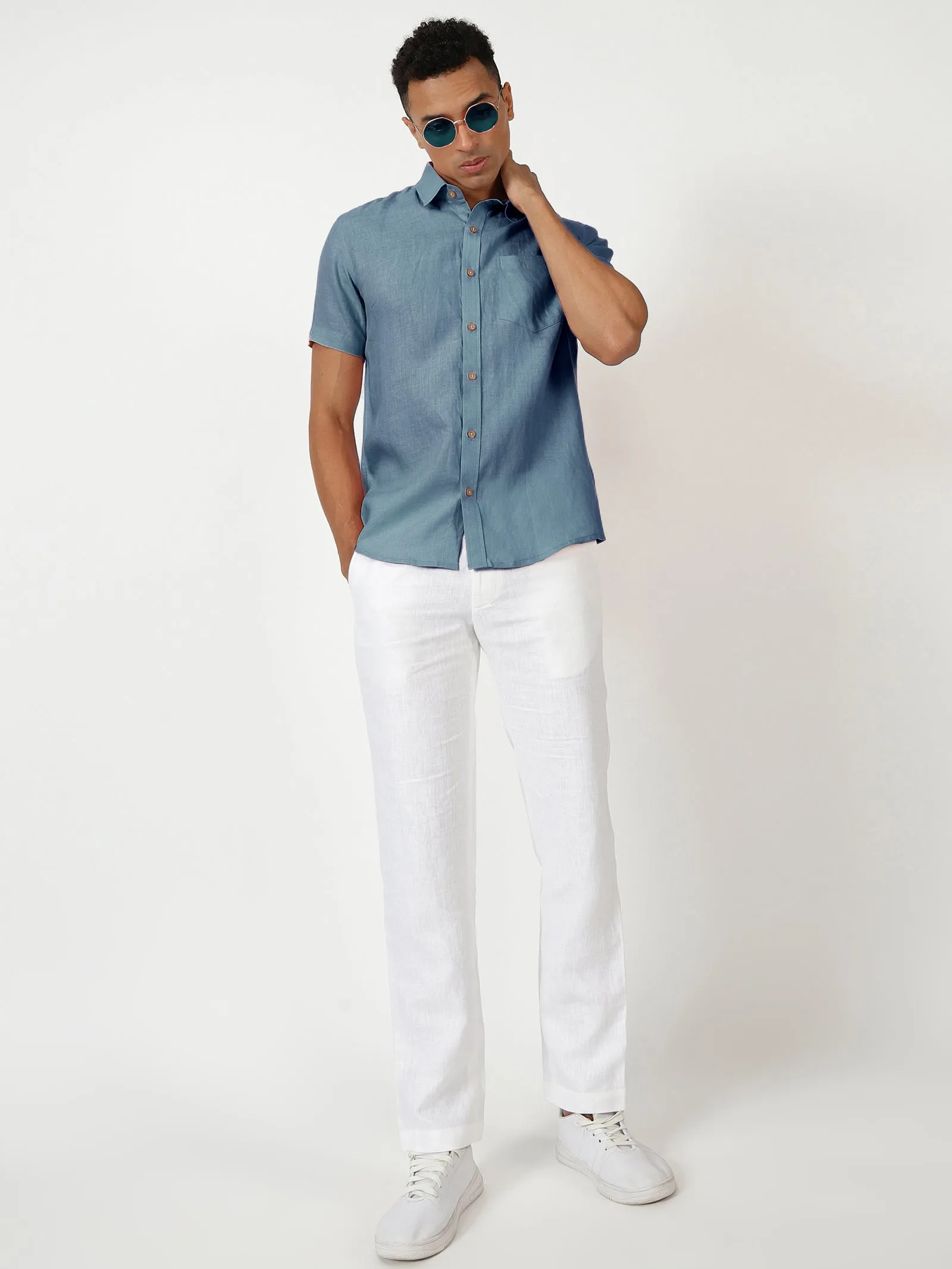 Harvey - Pure Linen Half Sleeve Shirt - Blue Grey (Factory Rescue)