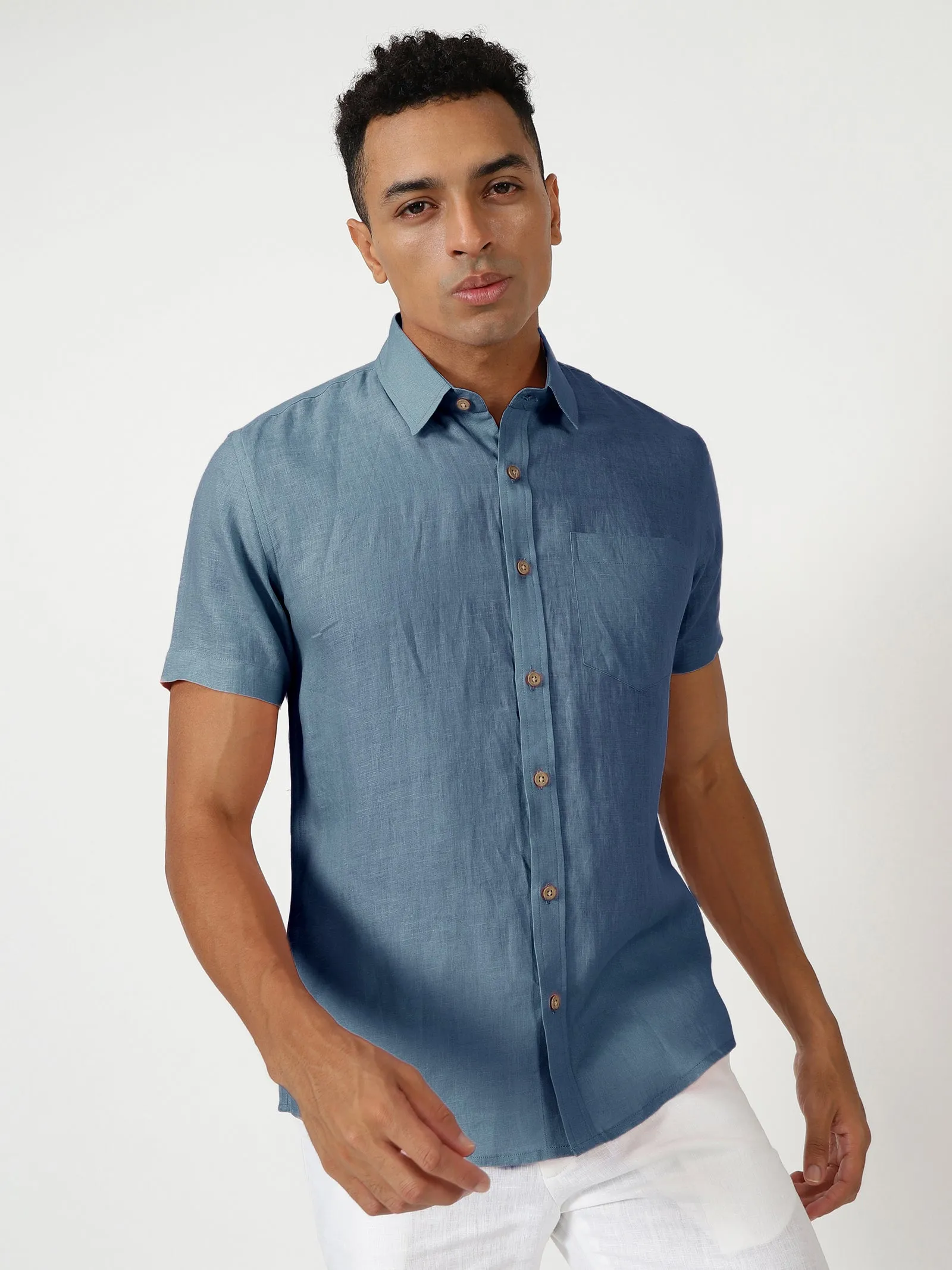 Harvey - Pure Linen Half Sleeve Shirt - Blue Grey (Factory Rescue)