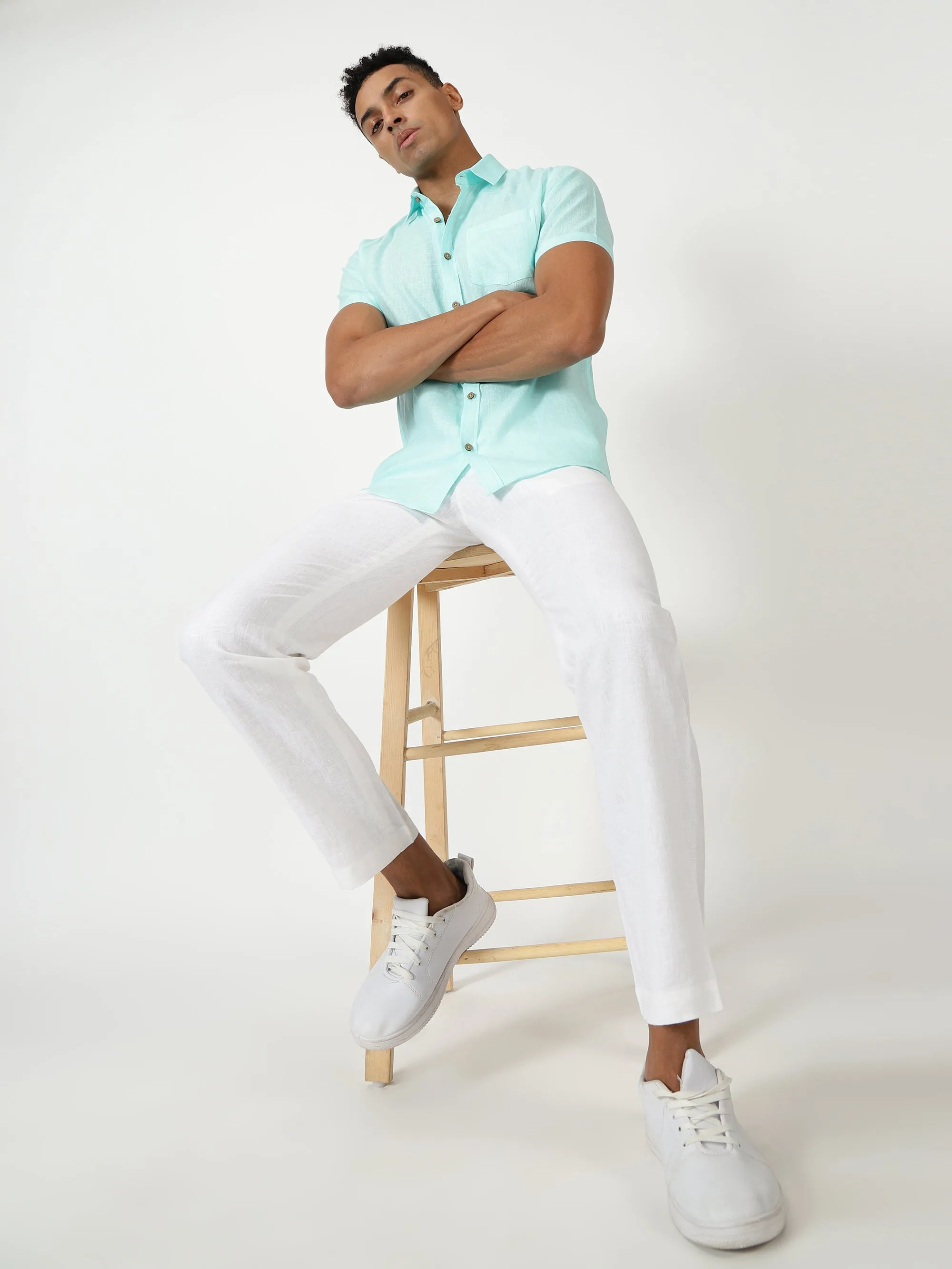 Harvey - Pure Linen Half Sleeve Shirt - Cyan Blue (Factory Rescue)