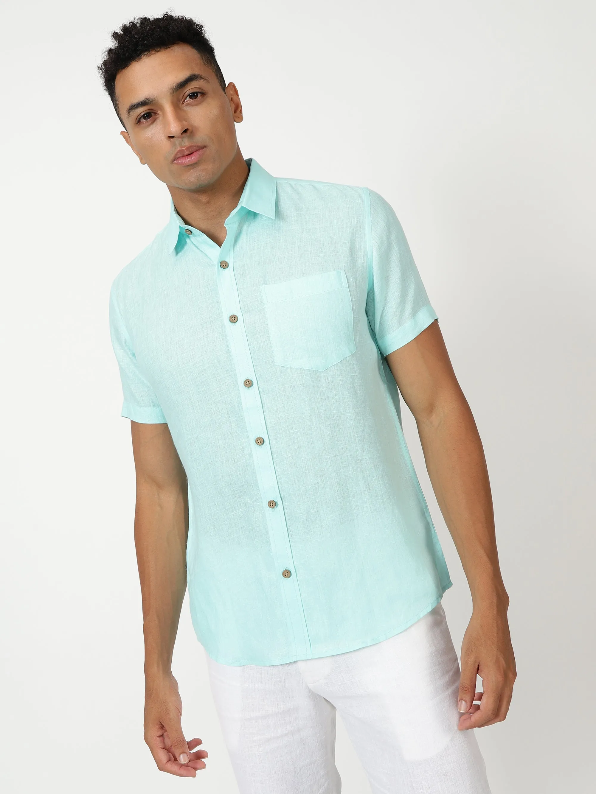 Harvey - Pure Linen Half Sleeve Shirt - Cyan Blue (Factory Rescue)