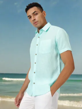 Harvey - Pure Linen Half Sleeve Shirt - Cyan Blue (Factory Rescue)