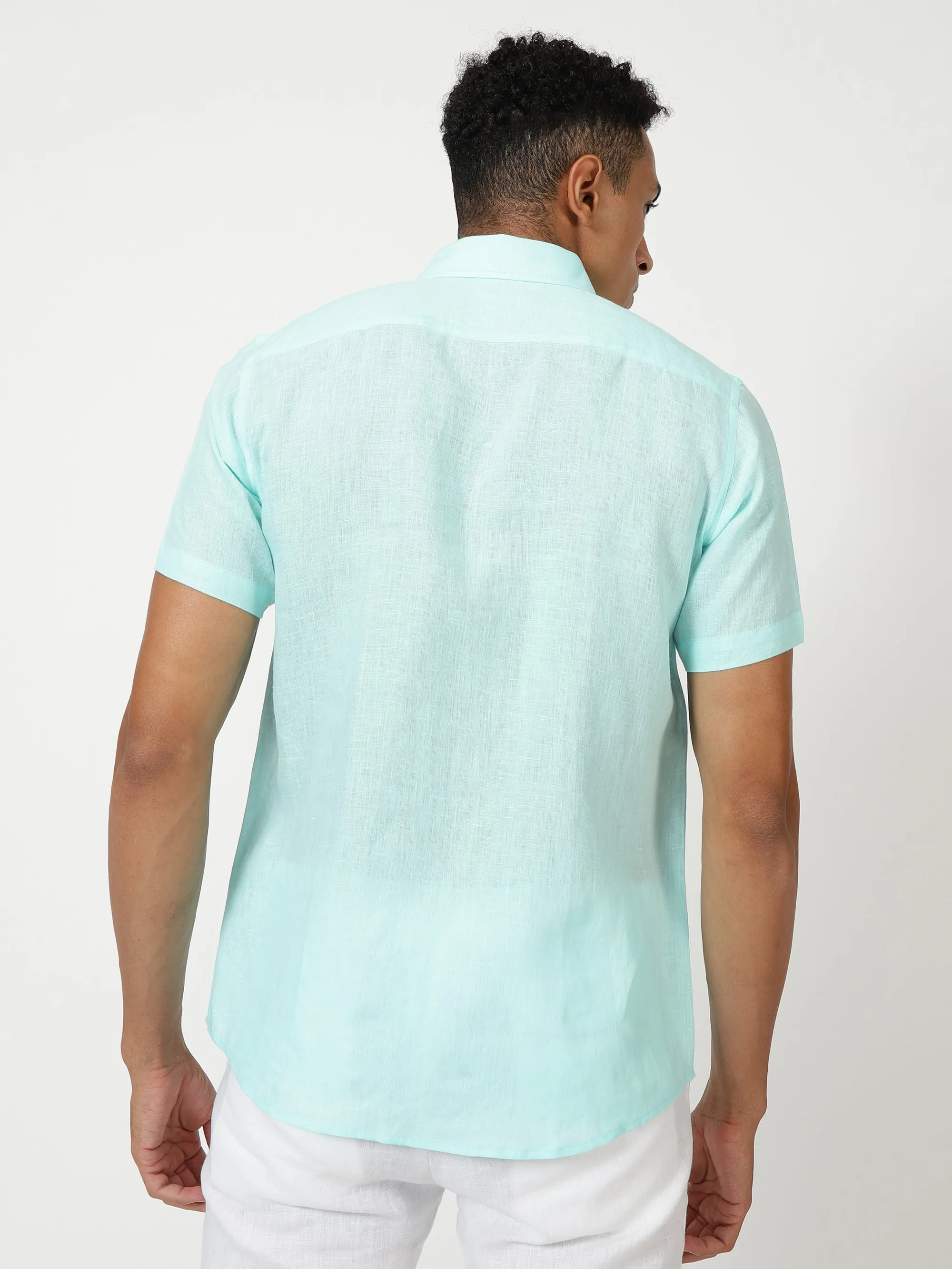 Harvey - Pure Linen Half Sleeve Shirt - Cyan Blue (Factory Rescue)